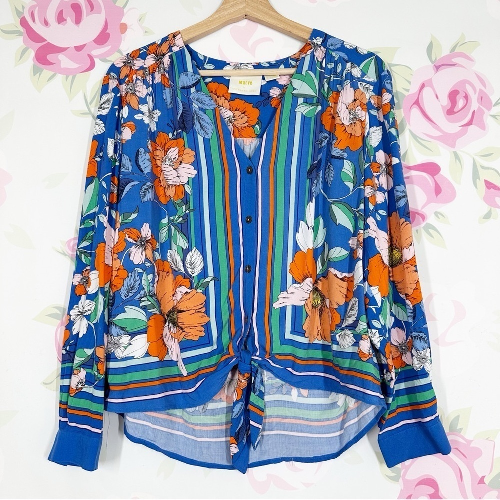 Anthropologie Maeve Floral Blue and Orange Cuffed Sleeve Blouse S